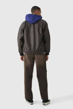 Collared Pu Bomber Jacket With Detachable Hood In Brown