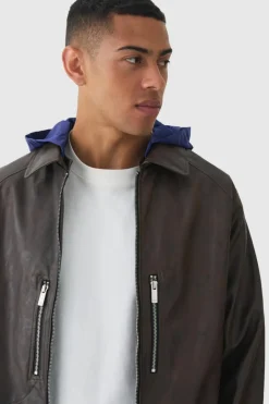 Collared Pu Bomber Jacket With Detachable Hood In Brown