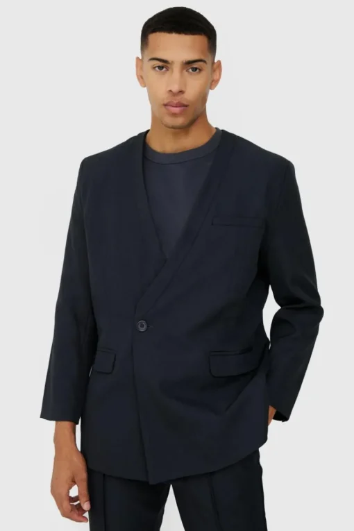 Collarless Suit Set in Navy