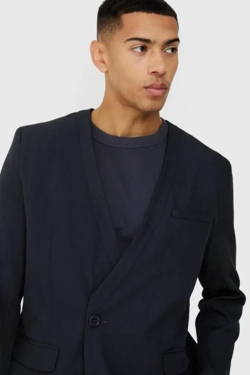 Collarless Suit Set in Navy