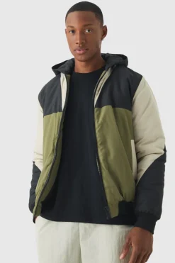 Colour Block Hooded Padded Bomber Jacket In Black