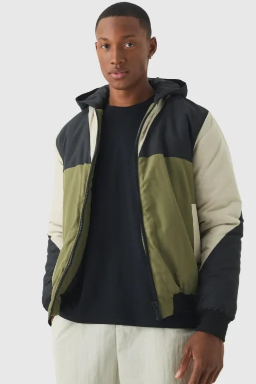 Colour Block Hooded Padded Bomber Jacket In Black