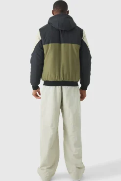 Colour Block Hooded Padded Bomber Jacket In Black