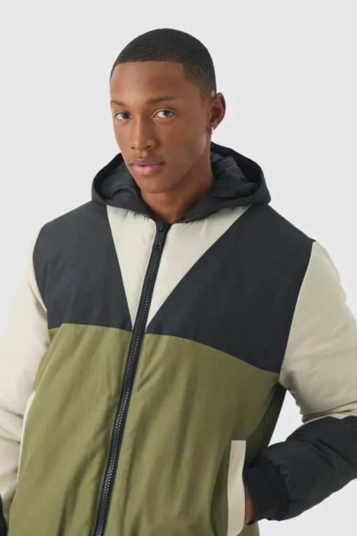 Colour Block Hooded Padded Bomber Jacket In Black