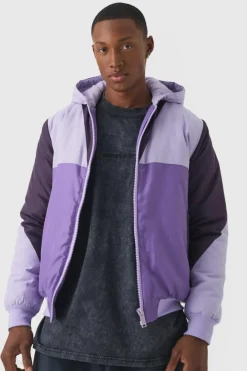 Colour Block Hooded Padded Bomber Jacket In Purple