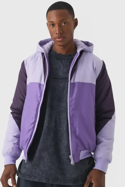 Colour Block Hooded Padded Bomber Jacket In Purple