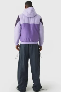 Colour Block Hooded Padded Bomber Jacket In Purple