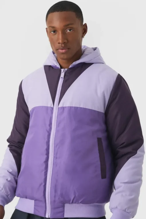 Colour Block Hooded Padded Bomber Jacket In Purple