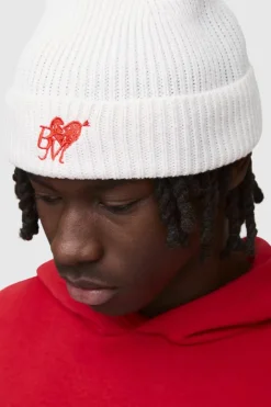 Cream Heart Graphic Ribbed Beanie