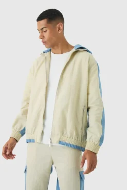 Crinkle Nylon And Denim Hooded Jacket