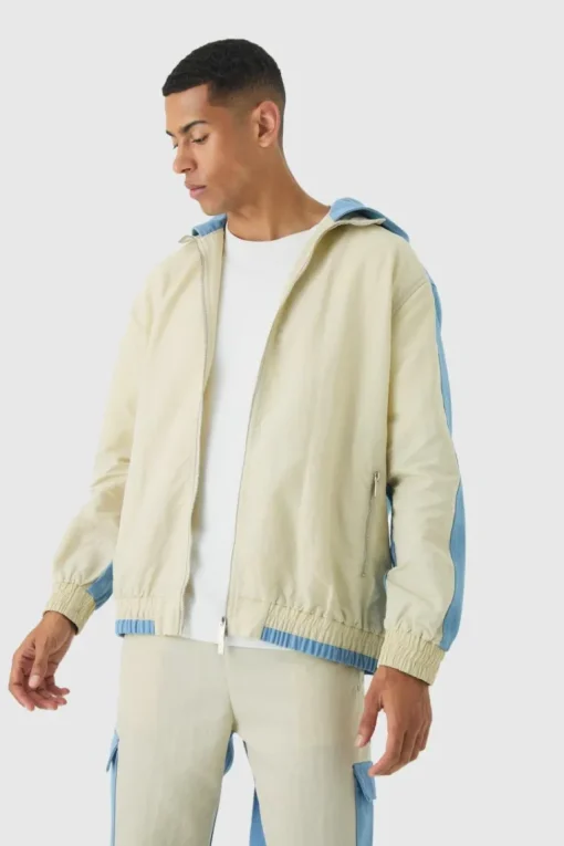 Crinkle Nylon And Denim Hooded Jacket