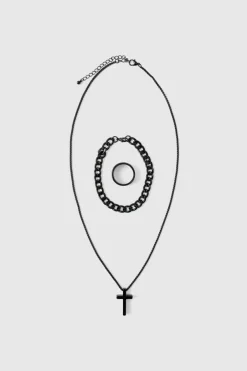 Cross Necklace, Ring And Bracelet Set In Black
