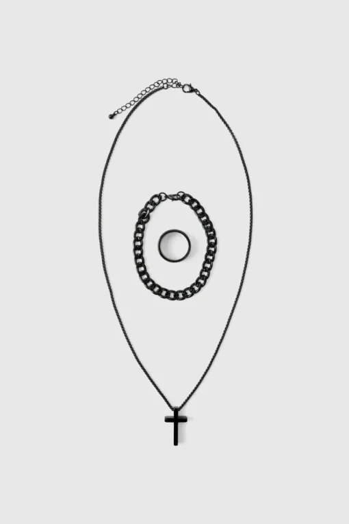 Cross Necklace, Ring And Bracelet Set In Black