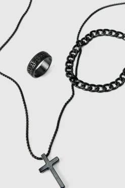 Cross Necklace, Ring And Bracelet Set In Black