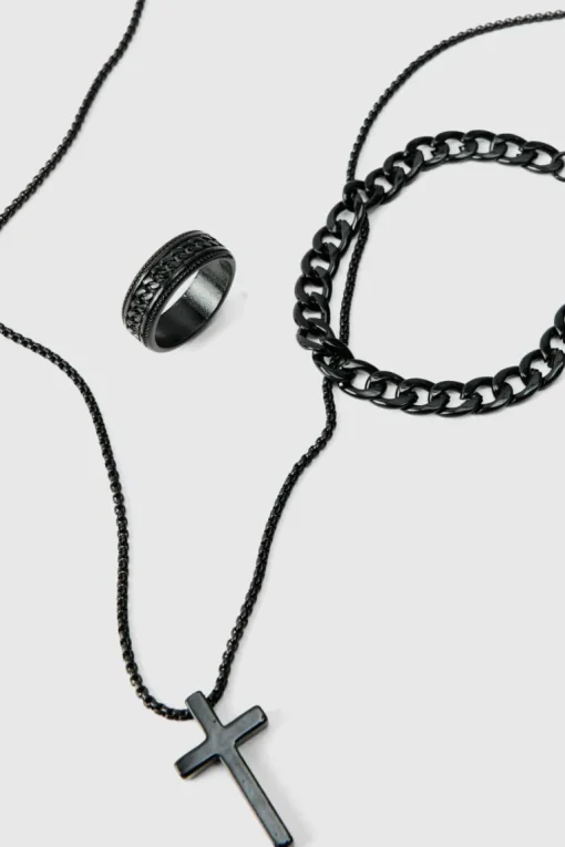 Cross Necklace, Ring And Bracelet Set In Black
