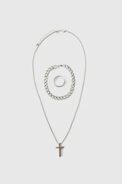 Cross Necklace, Ring And Bracelet Set In Silver