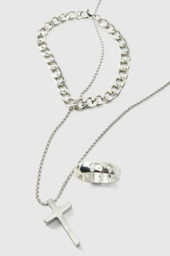 Cross Necklace, Ring And Bracelet Set In Silver