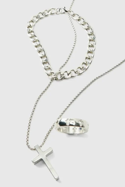 Cross Necklace, Ring And Bracelet Set In Silver