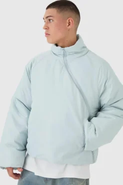 Curved Zip Padded Puffer Coat In Blue