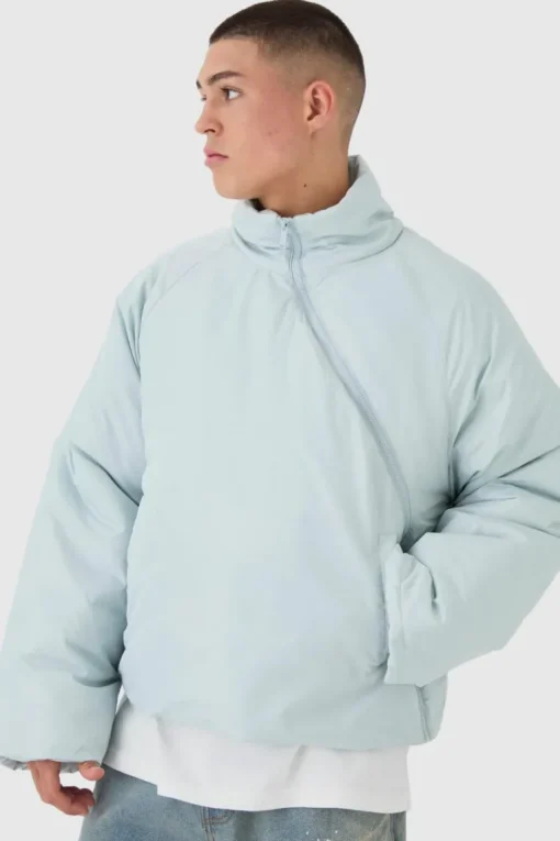 Curved Zip Padded Puffer Coat In Blue