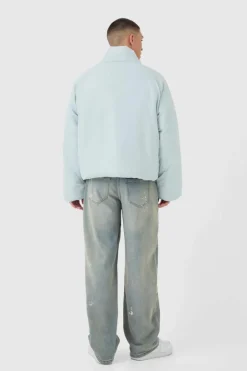 Curved Zip Padded Puffer Coat In Blue