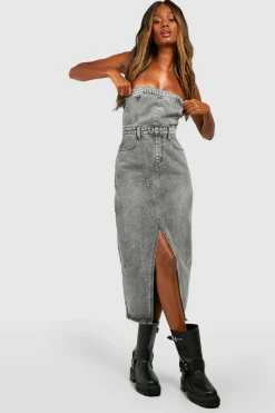 Denim Bandeau Split Front Midi Dress