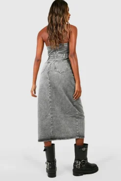Denim Bandeau Split Front Midi Dress