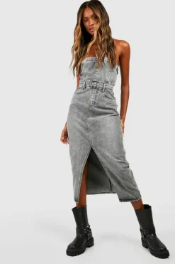 Denim Bandeau Split Front Midi Dress