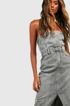 Denim Bandeau Split Front Midi Dress