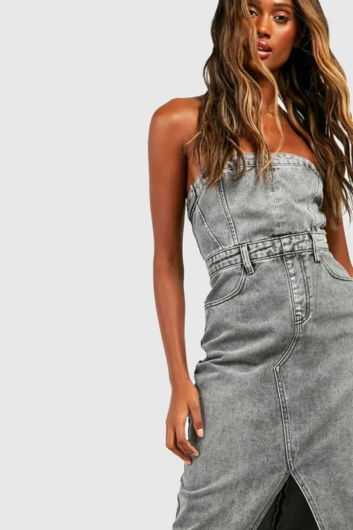 Denim Bandeau Split Front Midi Dress