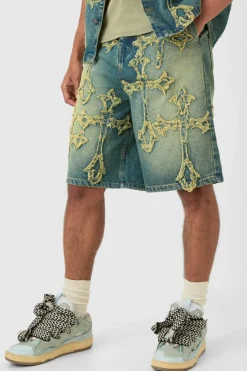 Distressed Cross Applique Denim Jorts In Green