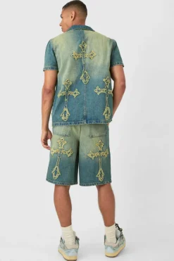 Distressed Cross Applique Denim Jorts In Green