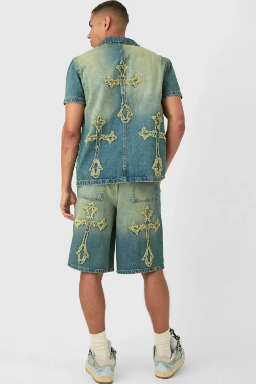 Distressed Cross Applique Denim Jorts In Green