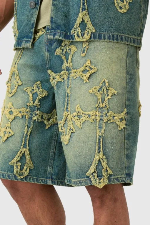 Distressed Cross Applique Denim Jorts In Green
