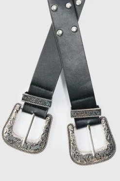 Double Buckle Studded Belt In Black
