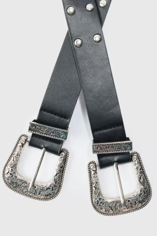 Double Buckle Studded Belt In Black