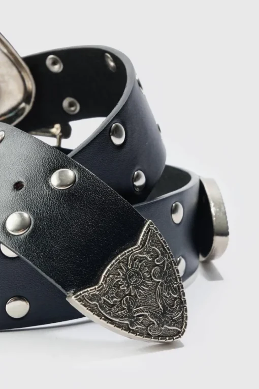 Double Buckle Studded Belt In Black