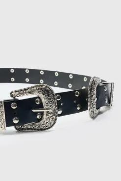 Double Buckle Studded Belt In Black