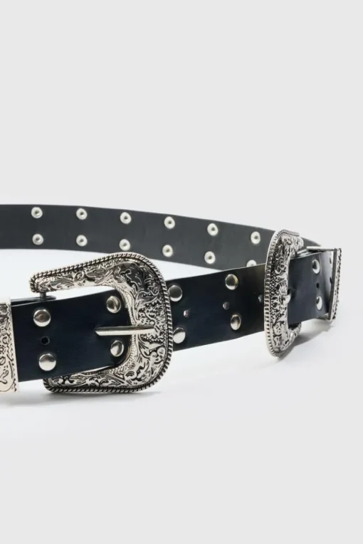 Double Buckle Studded Belt In Black