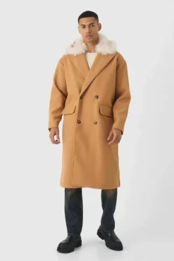 Drop Shoulder Overcoat With Removeable Faux Fur Trim In Camel