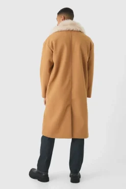 Drop Shoulder Overcoat With Removeable Faux Fur Trim In Camel