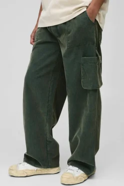 Elasticated Waist Baggy Acid Wash Corduroy Cargo Trouser
