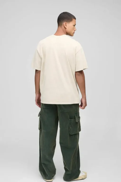 Elasticated Waist Baggy Acid Wash Corduroy Cargo Trouser