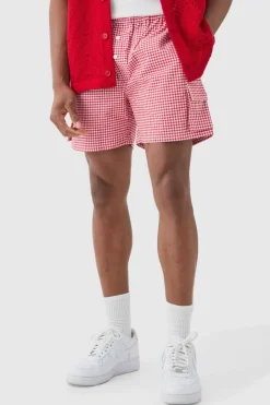 Elasticated Waist Gingham Check Linen Look Relaxed Short In Red