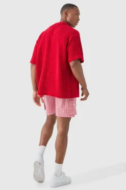Elasticated Waist Gingham Check Linen Look Relaxed Short In Red