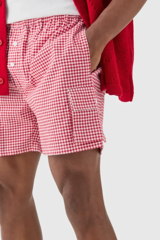 Elasticated Waist Gingham Check Linen Look Relaxed Short In Red