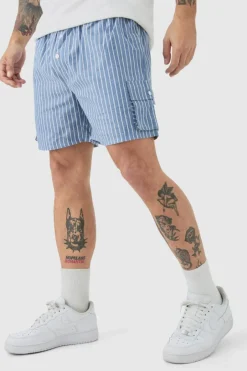 Elasticated Waist Pinstripe Linen Look Short In Blue