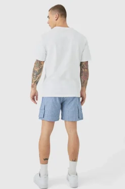 Elasticated Waist Pinstripe Linen Look Short In Blue