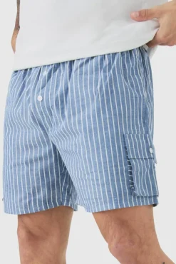 Elasticated Waist Pinstripe Linen Look Short In Blue