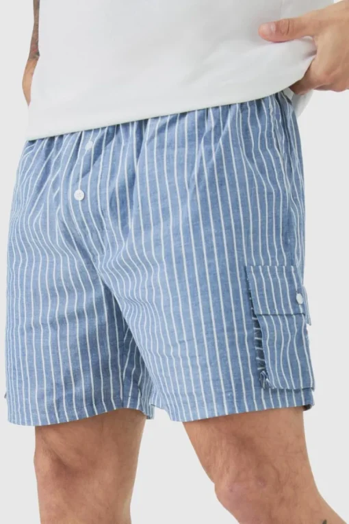 Elasticated Waist Pinstripe Linen Look Short In Blue